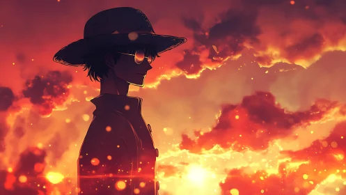 Silhouetted figure in hat stands before luminous cloud field