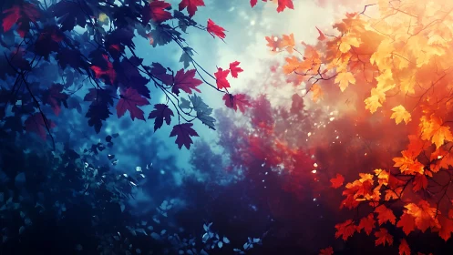 Bicolor maple canopy with cool blue shadow and warm flare