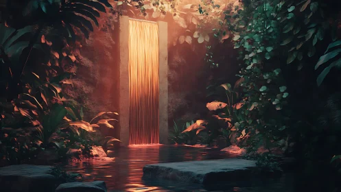 Luminous portal waterfall glows softly in a secluded jungle pool
