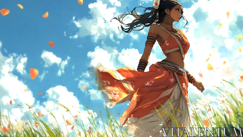 Wind-swept woman in orange drapery crossing sunlit meadow.