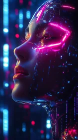 Neon cybernetic portrait merges human profile and circuitry.