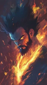 Digital painting of fiery bearded warrior with glowing eyes.