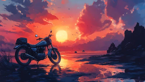 Motorcycle parked by reflective shore at vivid sunset.