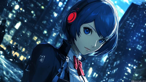 Blue haired anime girl with headphones in neon lit urban snowfall