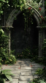 Overgrown stone archway frames lush shaded garden path