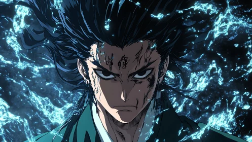 Anime swordsman with wet hair and glowing blue water aura