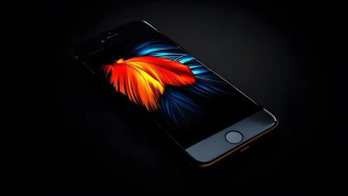 Modern smartphone with vivid abstract wallpaper on dark background.