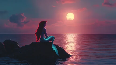 Digital painting of mermaid silhouette at chromatic sea sunset.