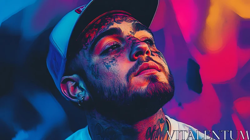 Neon-lit tattooed portrait in high-saturation digital chroma.