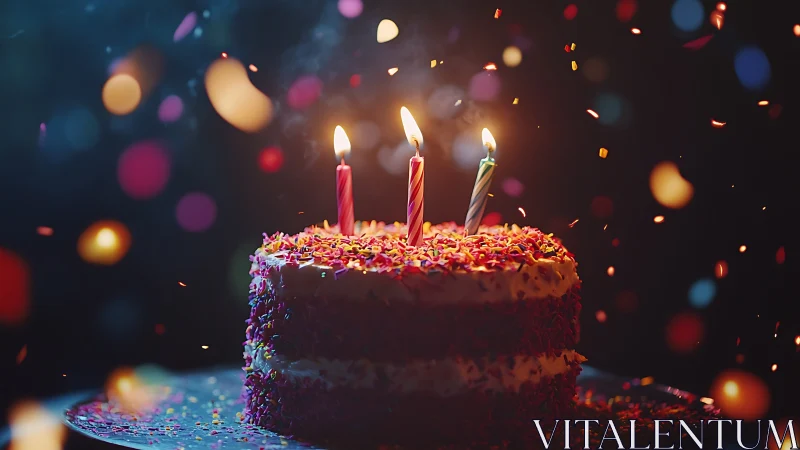 Birthday cake with three lit candles against bokeh backdrop.