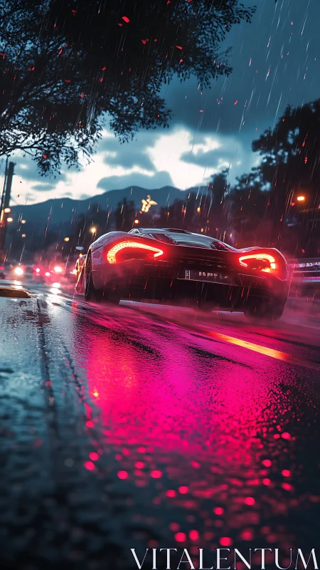 Hyperreal supercar rear view on neon soaked rainy highway