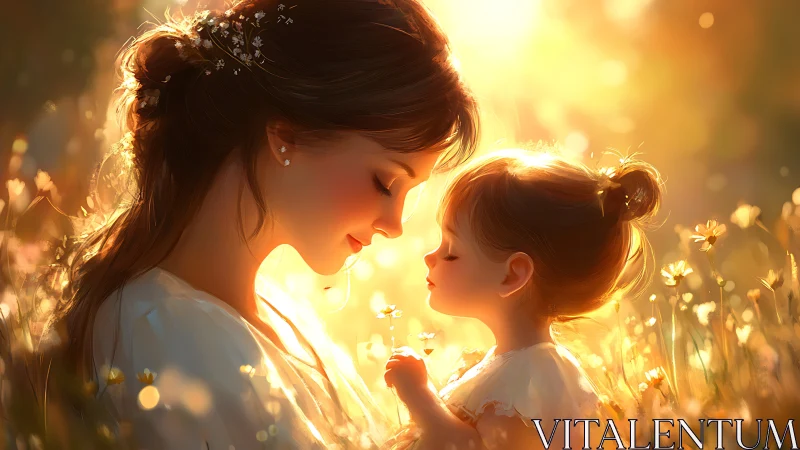 Mother and Child in Golden Sunlit Field.