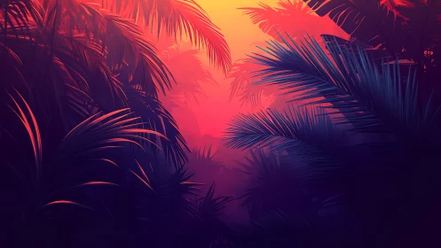 Digital foliage scene shows layered tropical plants at dusk