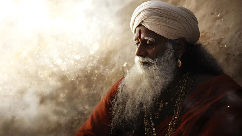 Elderly man in turban with long beard in warm light.