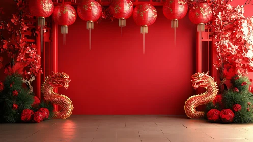Symmetrical red stage background with lanterns and dragons