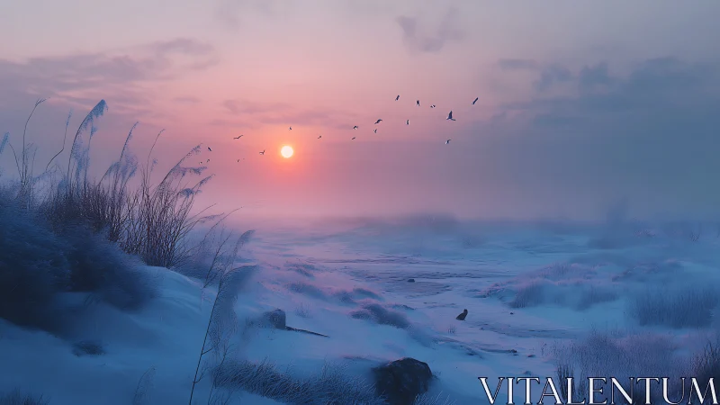 Winter marshland sunrise with mist, birds, and cool hues.