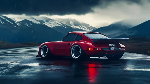 Red sports coupe on wet alpine road under storm clouds.