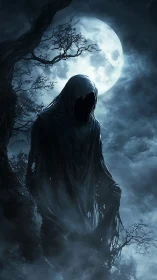 Hooded wraith hovers before full moon in misty night sky