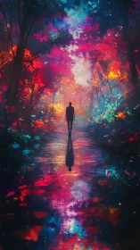Solitary dreamwalker in a neon painted forest of echoes.