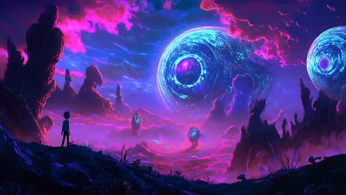 Spectral alien valley with rotating luminescent wormhole spheres.