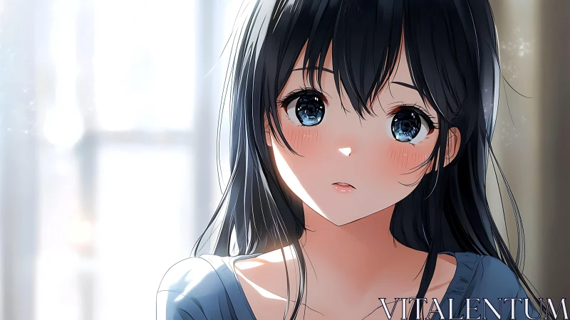 Blue-eyed anime girl in soft morning window light gazes quietly.