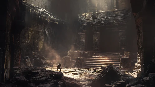 Explorer confronts colossal ruined temple in dust-filled light