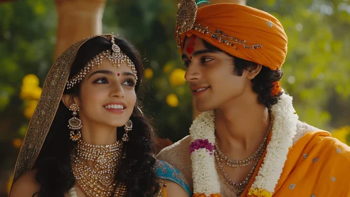Photorealistic Indian couple in ornate traditional wedding attire