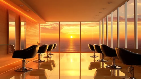 Modern salon interior facing ocean horizon at sunset.