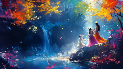 Enchanted waterfall courtship beneath painted autumn crowns.