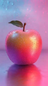 Luminous dewy apple glowing in soft neon twilight.