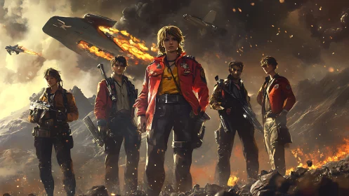Squad of space pilots confront burning battlefield sky