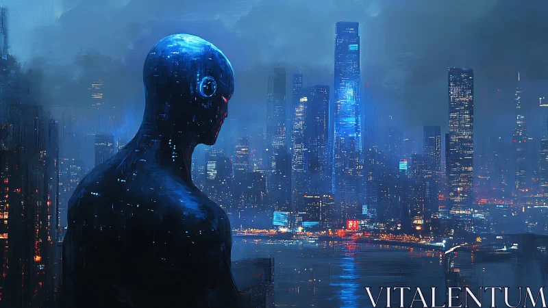 Cybernetic sentinel overlooking neon-drenched megacity skyline.