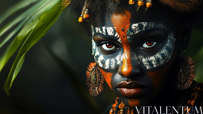 Portrait of woman with geometric face paint and adornments.
