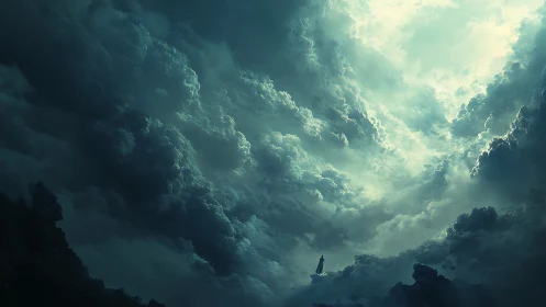 Storm-kissed sky opens above a lone wanderer in light
