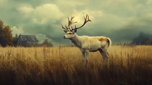 White deer with antlers in tall grass near rural building.