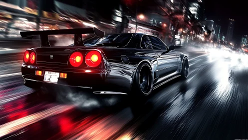 Night-slick asphalt mirrors a boosted street racer’s red blaze