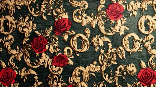 Baroque floral tapestry pattern with red rose ornamentation.
