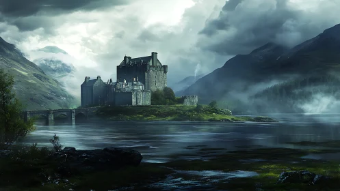 Digital painting of mist-shrouded lakeside fortress landscape.