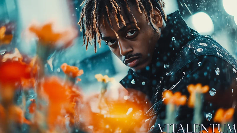 Rain-soaked urban portrait isolates subject amid bokeh blooms