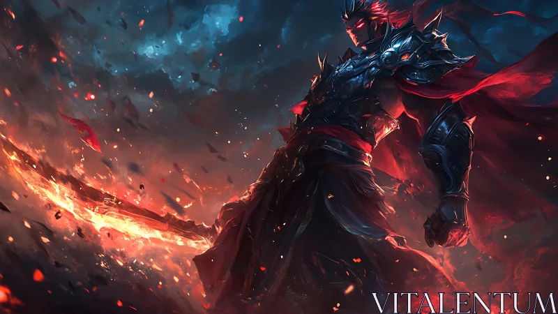 Fierce fire warrior rises with a blazing enchanted blade.