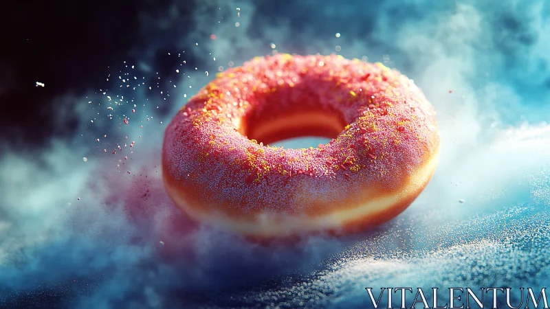 Iridescent donut floats in neon mist, sugar sparks suspended.