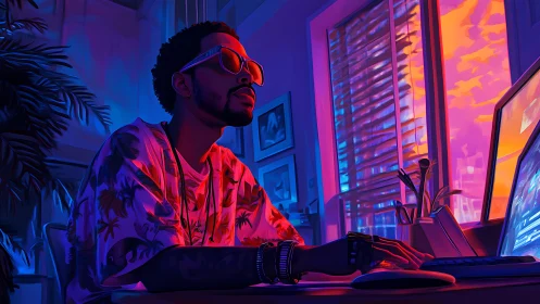 Neon dusk coder basking in vaporwave sunset glow indoors.