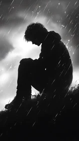 Backlit silhouette of seated figure under diagonal heavy rain