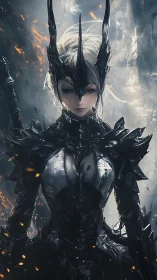 Obsidan-armored valkyrie amid ember-lit frozen haze.
