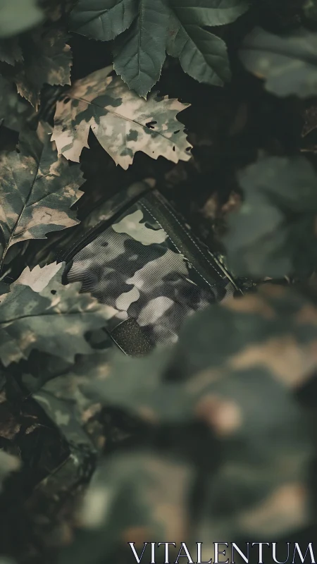 Camouflage fabric panel partially obscured by oak foliage