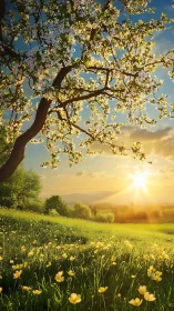 Golden spring meadow under a gentle sunrise glow.