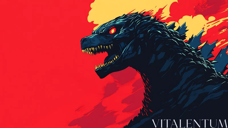 Stylized kaiju profile against vivid red background.
