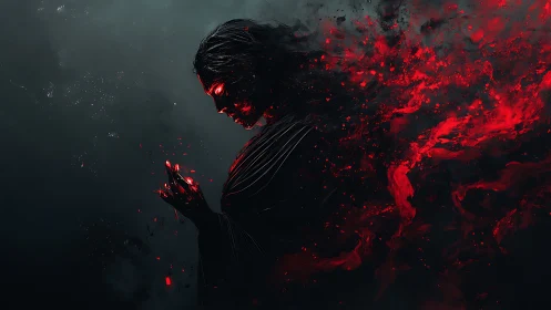 Dark cloaked figure dissolving into red digital embers.