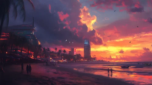 Neon lit city beach skyline under vivid sunset clouds.
