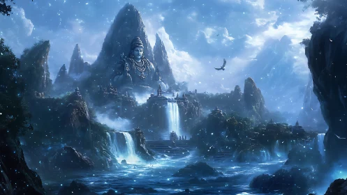 Sky-drenched mountain temple and colossal serene deity. Period.